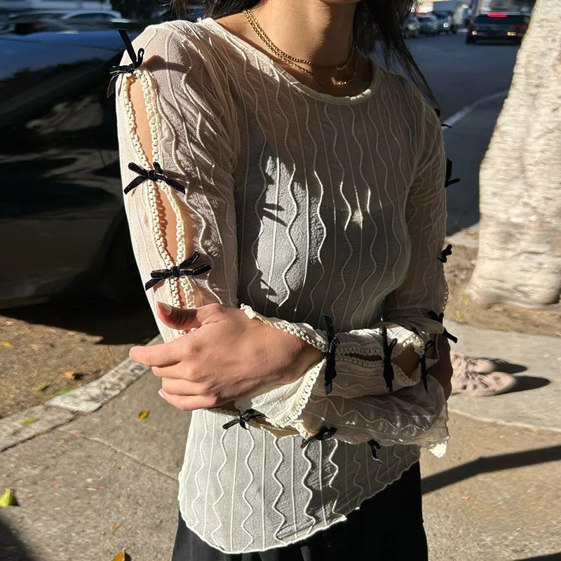 E-girl القوس تقليم قطع المحاصيل القمم الكورية Kawaii سليم صالح تي شيرت Coquette شير انظر من خلال البلوزات تيز سايبر الجرونج الملابس #4