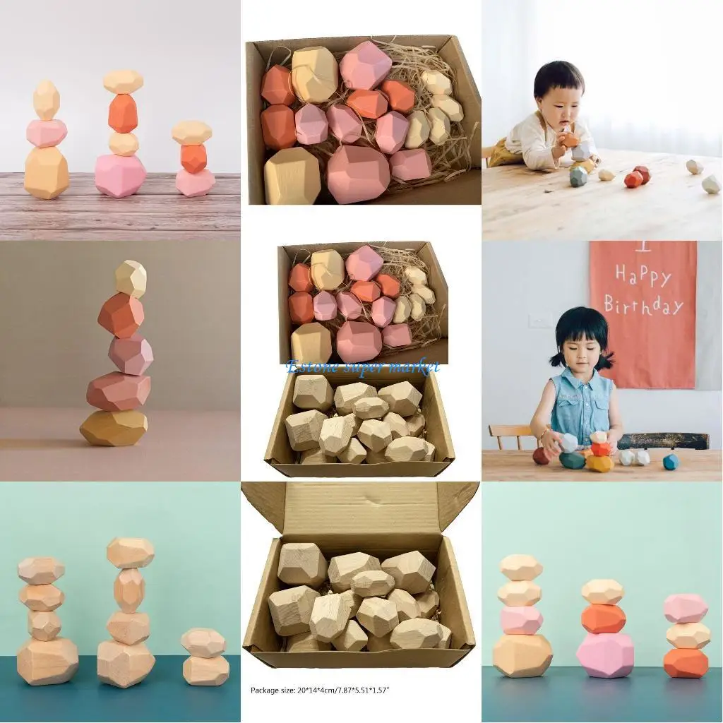 

090B 16 Pcs Children Wooden Stone Stacking Game Building Block Kids Educational Toy
