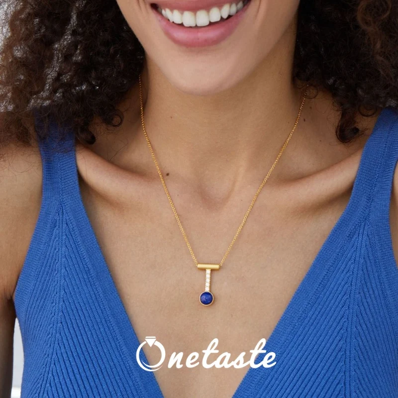 Trendy Natural Lapis Lazuli 925 Silver Gold Plated Pendant Necklace T Shape Zircon Gemstone Women Necklaces 2023 New Chic Gift