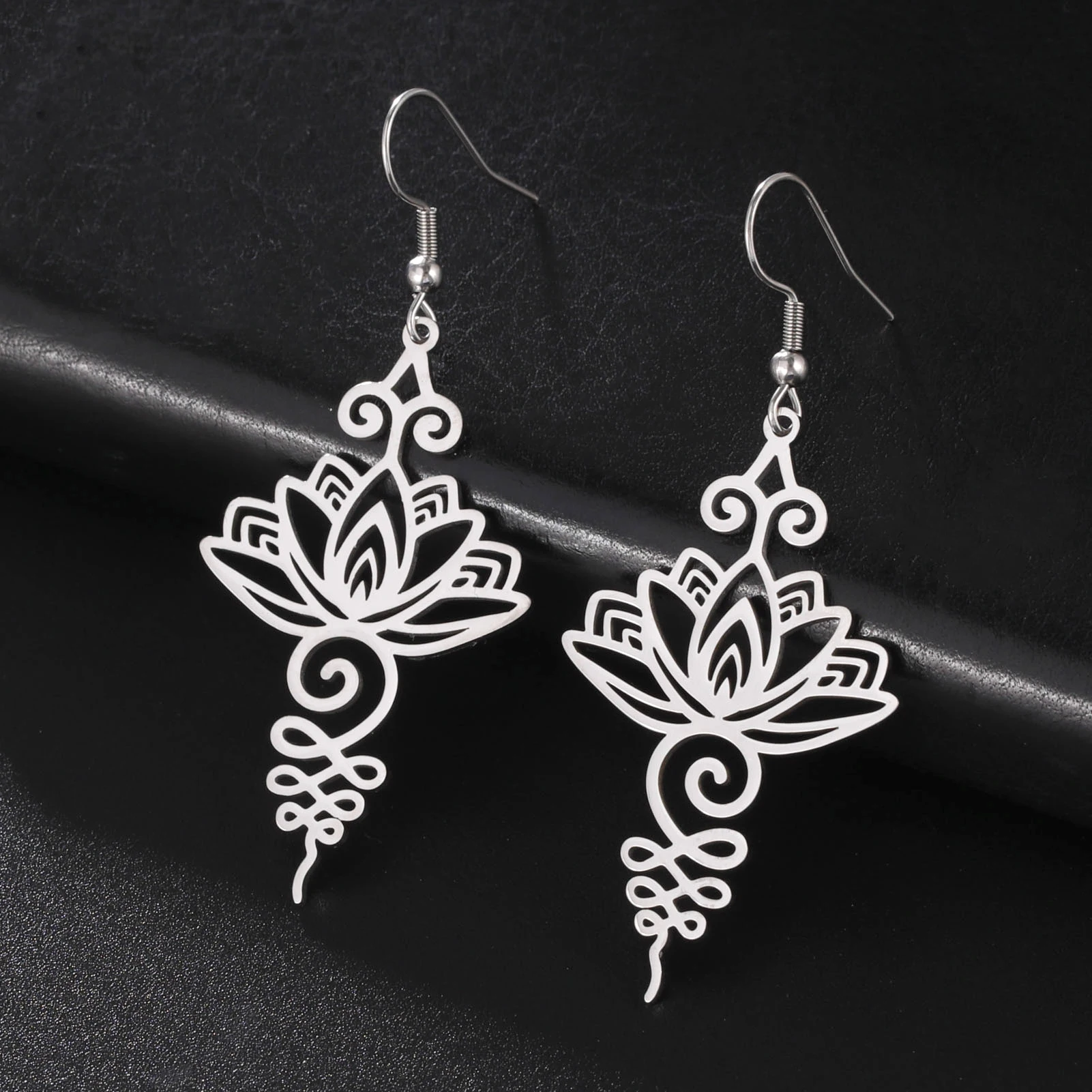 LIKGREAT Unalome Pendant Long Earrings Hippie Stainless Steel Yoga Lotus Flower Drop Earrings for Women Ethno Buddhism Jewelry