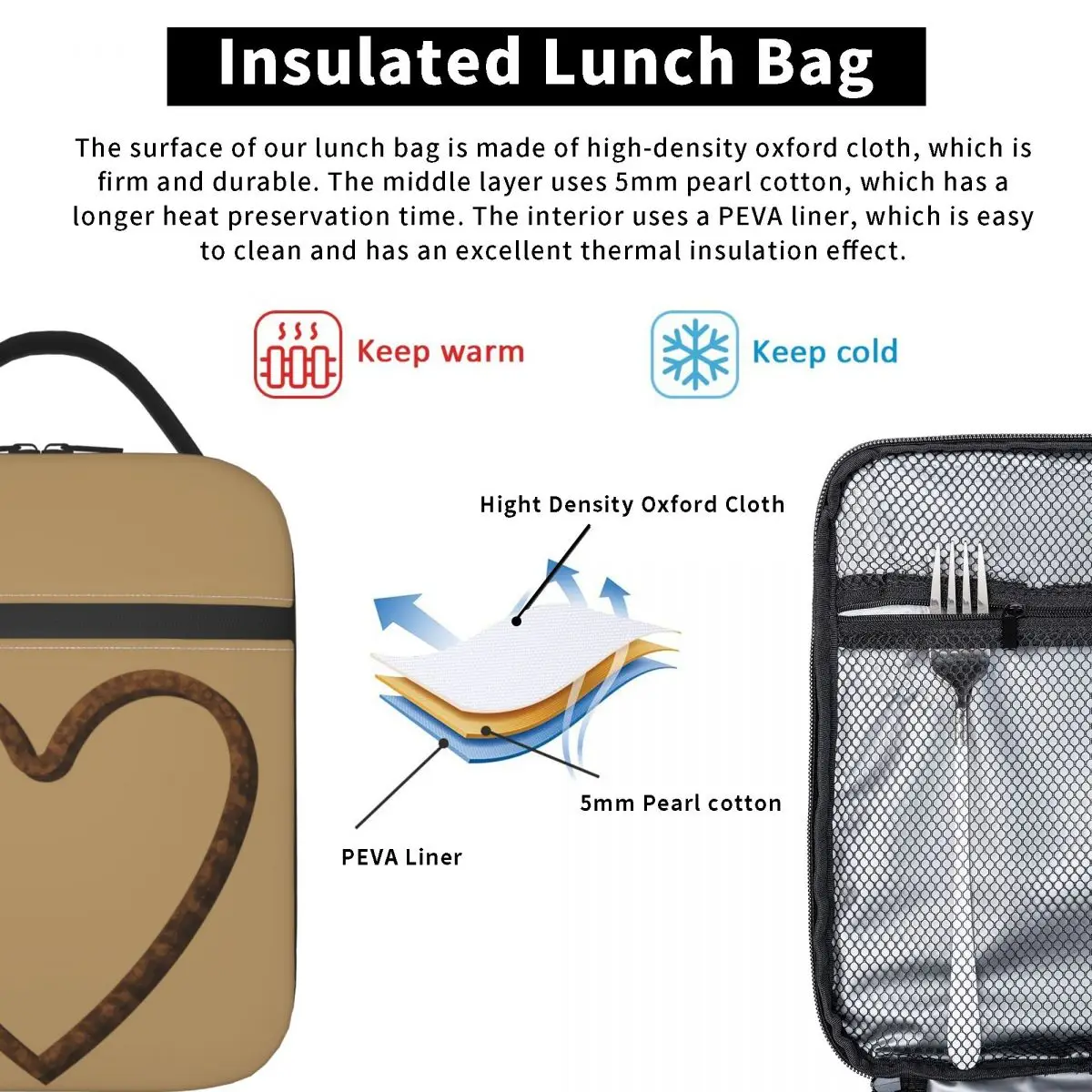 Brown Glitter Heart Insulated Lunch Bag for Women Kids Portable Food Boxes Thermal Lunch Box Tote