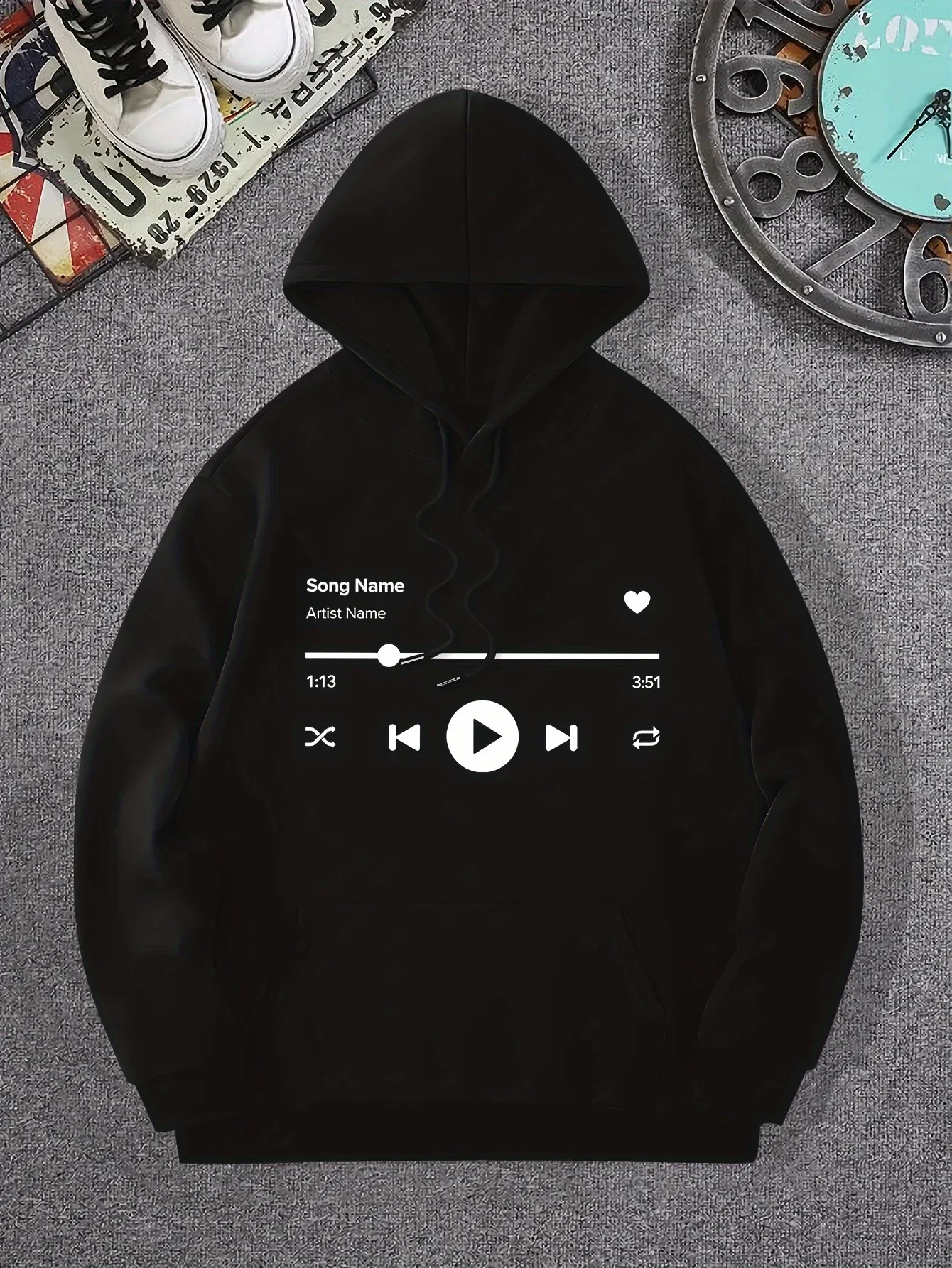 Unisex Minimal Music Graphic Hoodie Audio Player Play Button Progress Bar Illustration Front Print Casual Pullover Sweatshirt
