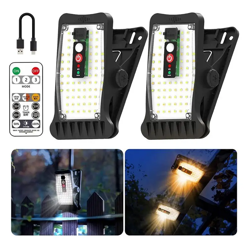 [ABFI!】 Clip On Solar Motion Lights Outdoor Waterproof With 800LM, 3 Color Temperature, USB & Remote Control, 2 Pack