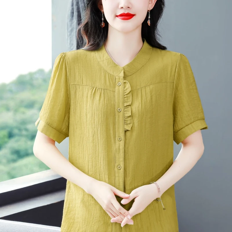 2024 New Summer Korean Version Fashionable and Elegant Minimalist Short Sleeved Blouses Round Neck Patchwork Women\'s Shirt Top