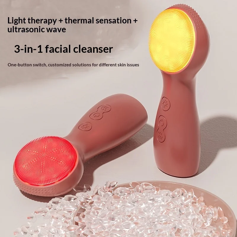 Electric Silicone Facial Massager with Red and Blue Light Deep Cleaning, Waterproof Vibration, Men's and Women's Facial Cleanser