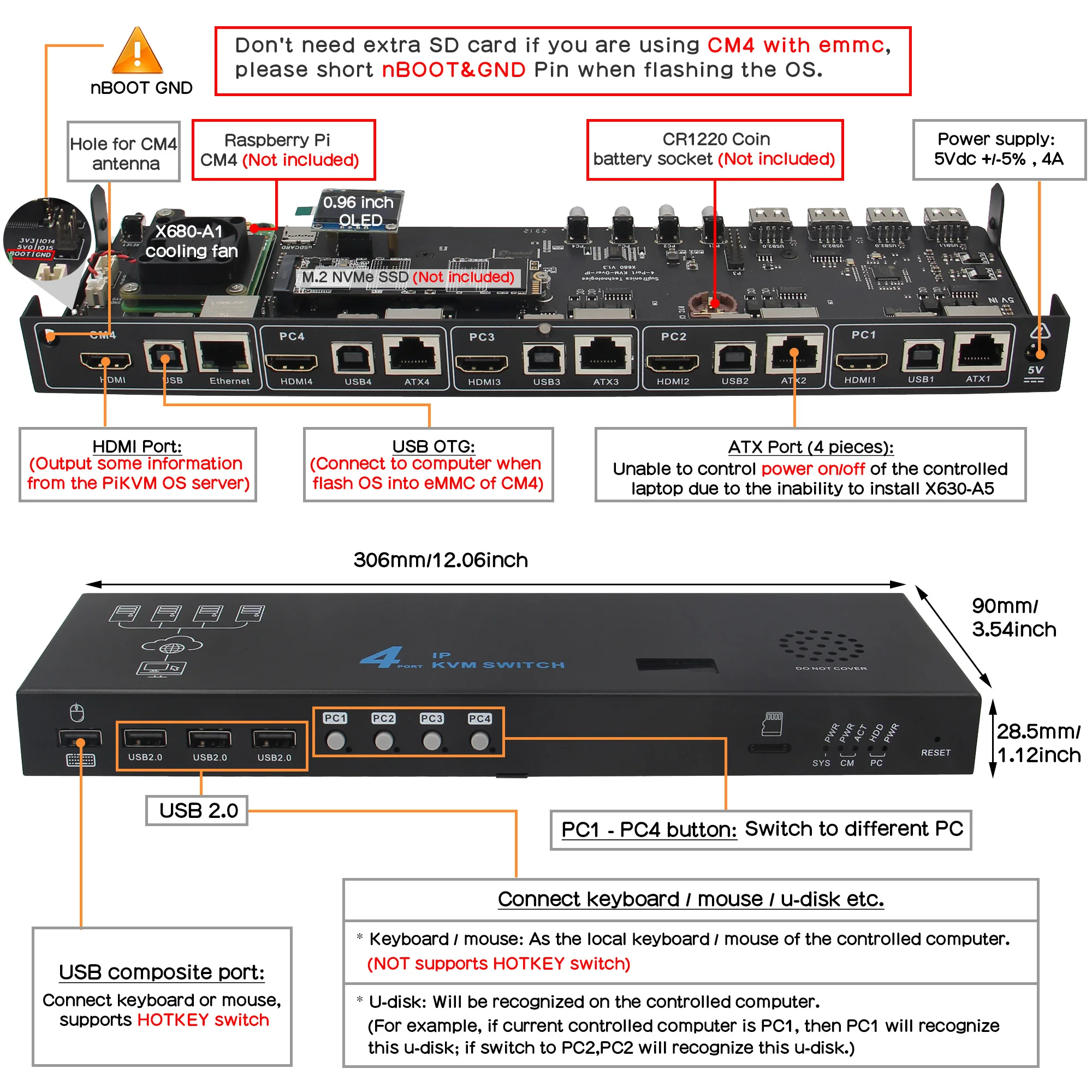 X680 4-port IP KVM Switch Kit for Raspberry Pi CM4 based Open-source KVM over IP