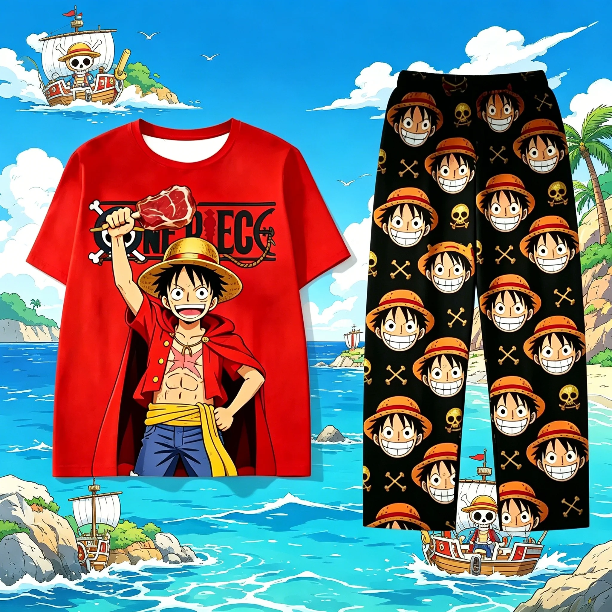 Pantalones de pijama de seda de leche con diseño de Luffy del Rey Pirata de Bandai para camisas de hombre, camisetas y pantalones Y2k para mujer