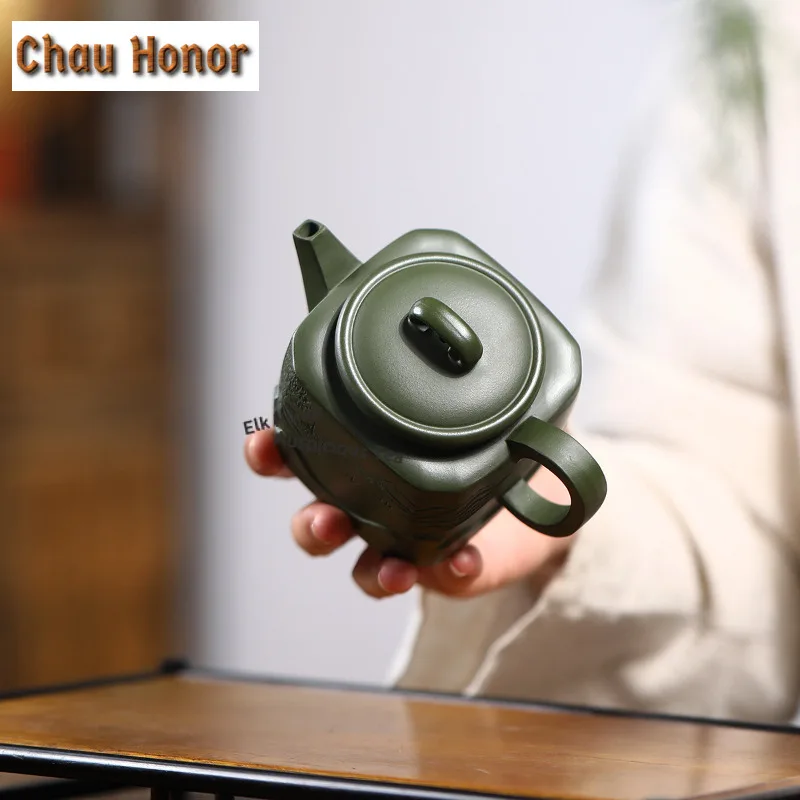 280ml Vintage Yixing Purple Clay Teapots Handmade Calligraphy Painting Pot Raw Ore Bean Paste Green Mud Kettle Zisha Tea Set