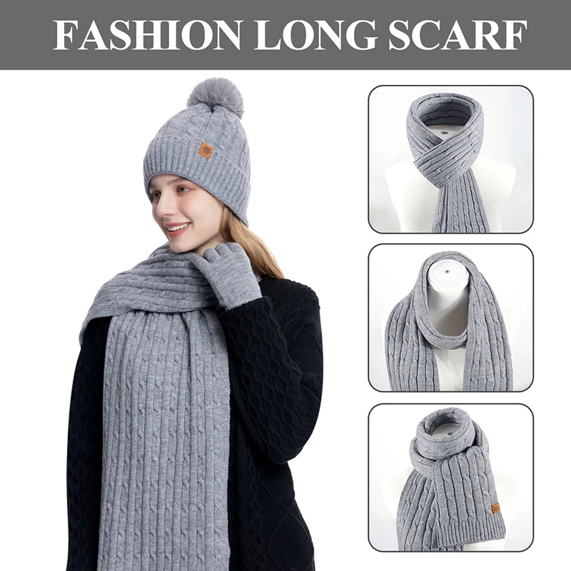 Winter Warm 3-Piece Hat Scarf Touch Screen Gloves Women's New Set Thickened and Fleece Anti Cold Knitted Yarn