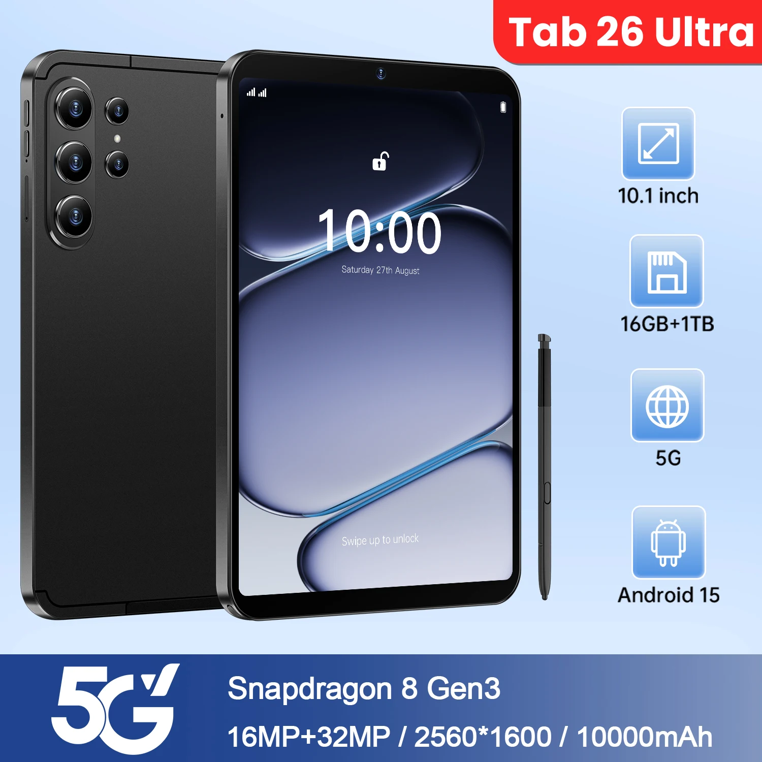 

Новый планшет 2026 года, глобальная версия, Hot Tab 26 Ultra, 10.1 дюйма, HD 4K, Android 15, 16 ГБ+1 ТБ, 10000 мАч, 5G, Dual SIM, WiFi, GPS