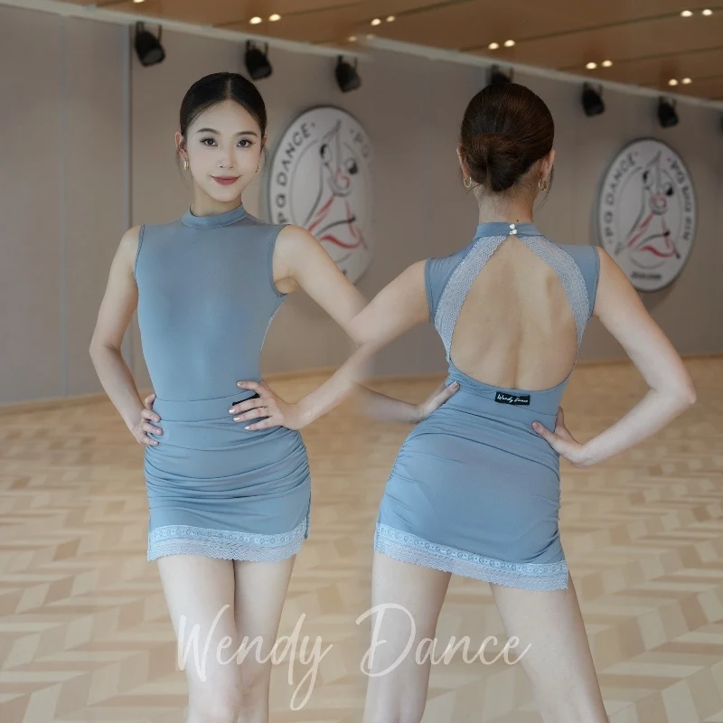 여름 라틴 댄스 복장 여성 새로운 블루 레이스 탑 스커트 연습 착용 민소매 룸바 의상 삼바 댄스 드레스 DNV24627