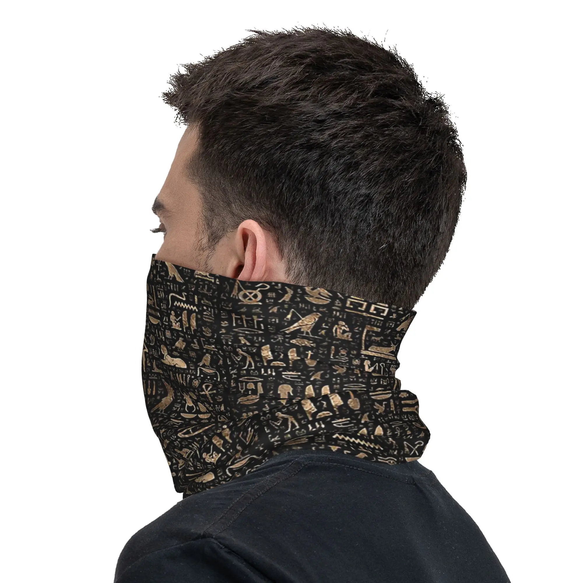 Ancient Egyptian hieroglyphs Black and gold Bandana Neck Gaiter Printed Mask Scarf Warm Headwear Hiking Fishing For Men Women