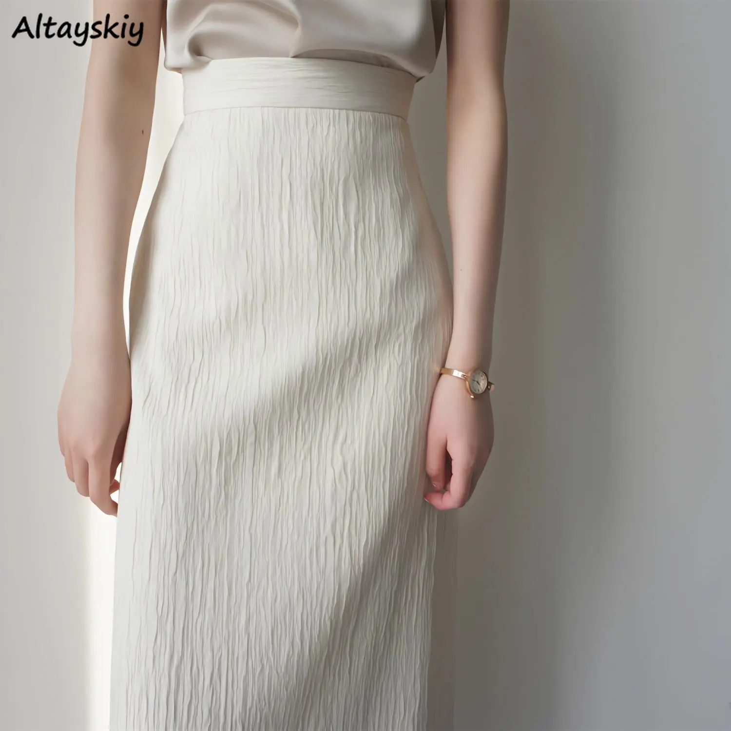 

White Midi Skirts Women High Waist Elegant Females Aesthetic All-match Solid Minimalist Юбка Женская Casual Clothing Summer Ins