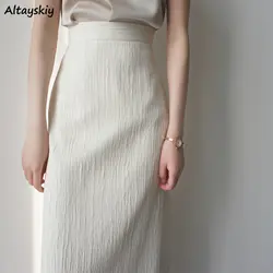 White Midi Skirts Women High Waist Elegant Females Aesthetic All-match Solid Minimalist Юбка Женская Casual Clothing Summer Ins