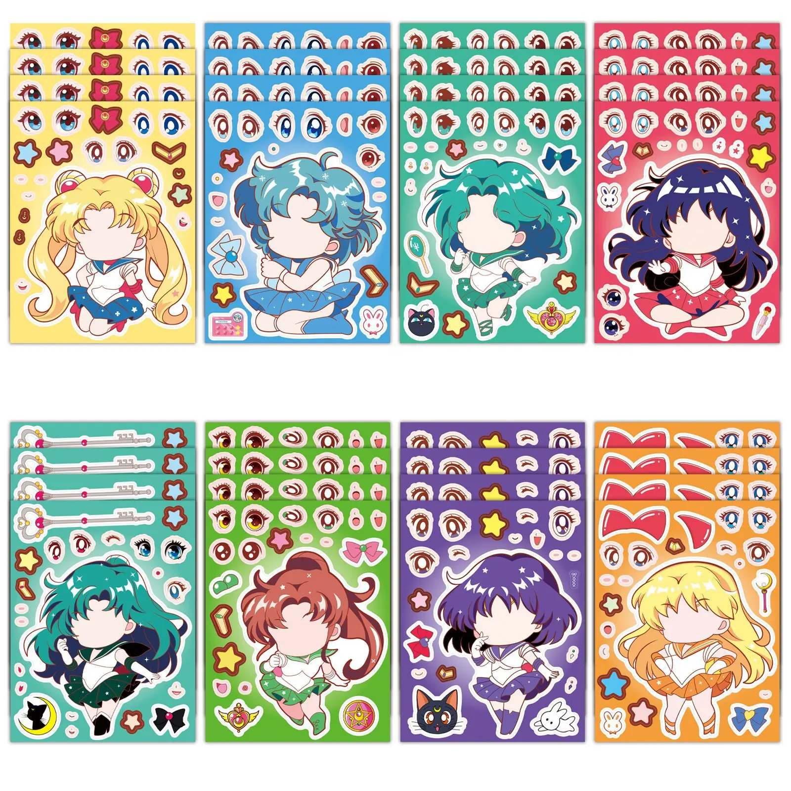 8/16 Vellen Q Versie Sailor Moon Anime Make a Face Puzzel Stickers Decoratie Laptop Telefoon Gitaar Skateboard Klassiek Kinderspeelgoed