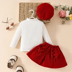 Toddler Girl's Fashion High-Neck Long-Sleeve Top with Bow Detail Skirt and Beret Set – Solid Color Fleece Dress Ensemble