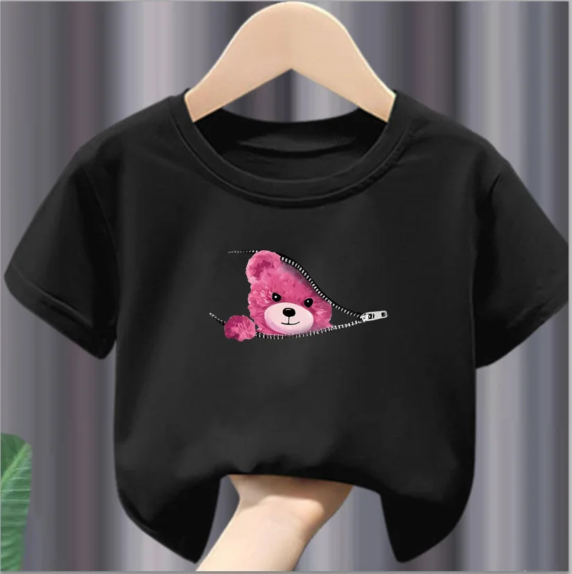 Zipper Bear Graphic Print T-Shirt, Creative Short Sleeve Crew Neck Shirt, Casual Daily Tops, Boy\'s Clothing clothes