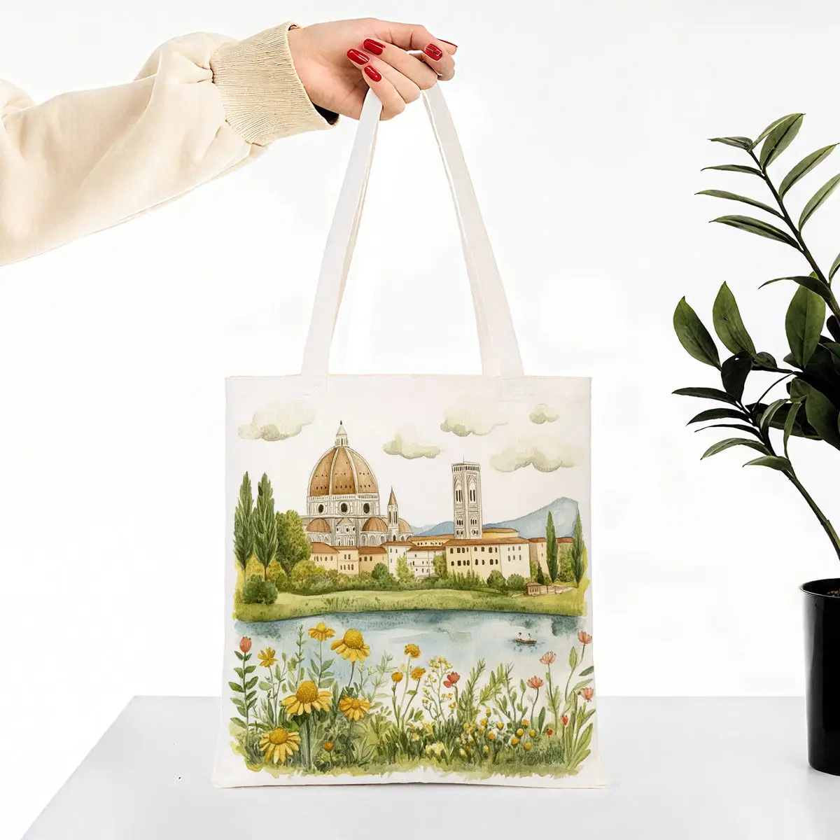 A Scenery of Florence, Italy pattern printed canvas tote bag