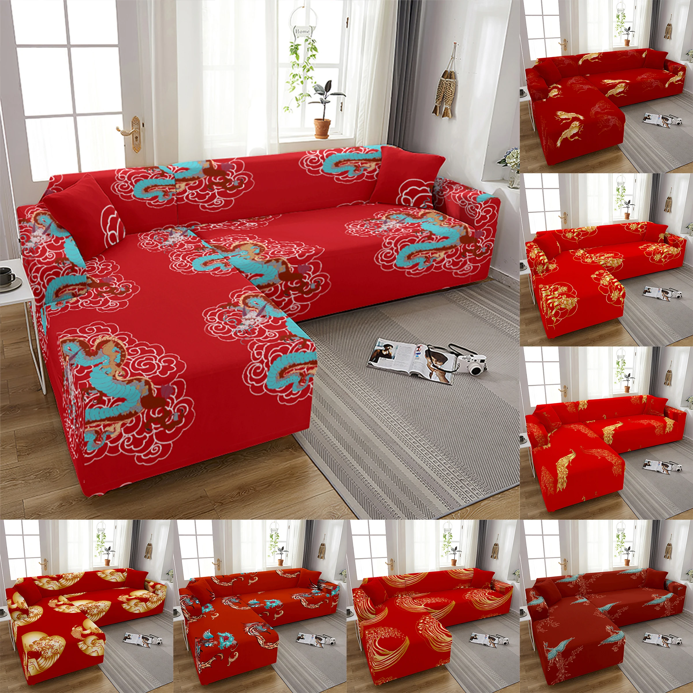 

Red Chinese Style Slipcovers Stretch Sofa Covers for Living Room Elastic Couch Chair Cover Sofa Towel Home Decor 1/2/3/4-Seat