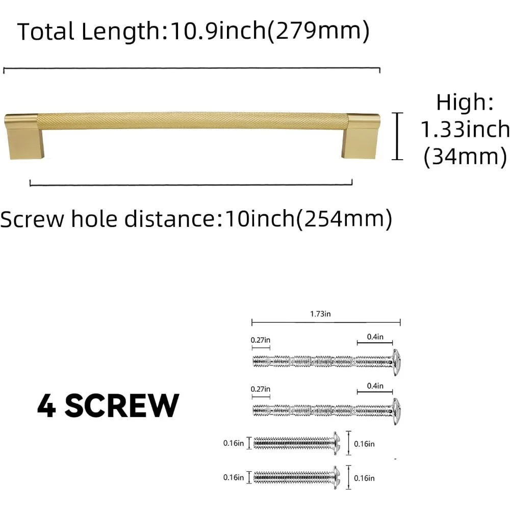 10-Inch Brushed Brass Kitchen Cabinet Handles, Knurled Gold Drawer Pulls, Premium Kitchen Hardware Set