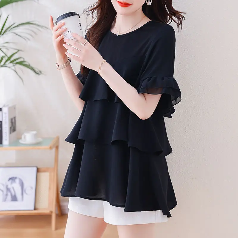 

Casual Loose Ruffles Blouse Summer Short Sleeve All-match Solid Color Women's Clothing Commute Round Neck Fashion Spliced Shirt