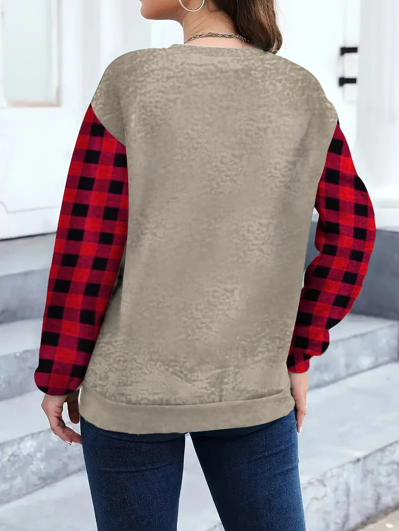 مقاس كبير - سويت شيرت نسائي بطباعة مجوفة لشجرة عيد الميلاد مقاس كبير - تصميم مرقع منقوش باللونين الأحمر والأسود #2