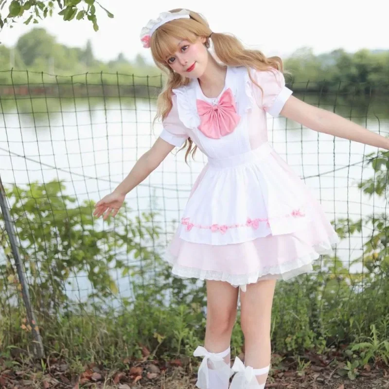 Sweet and cute pink white maid dress cosplay Lolita anime soft sister maid uniform