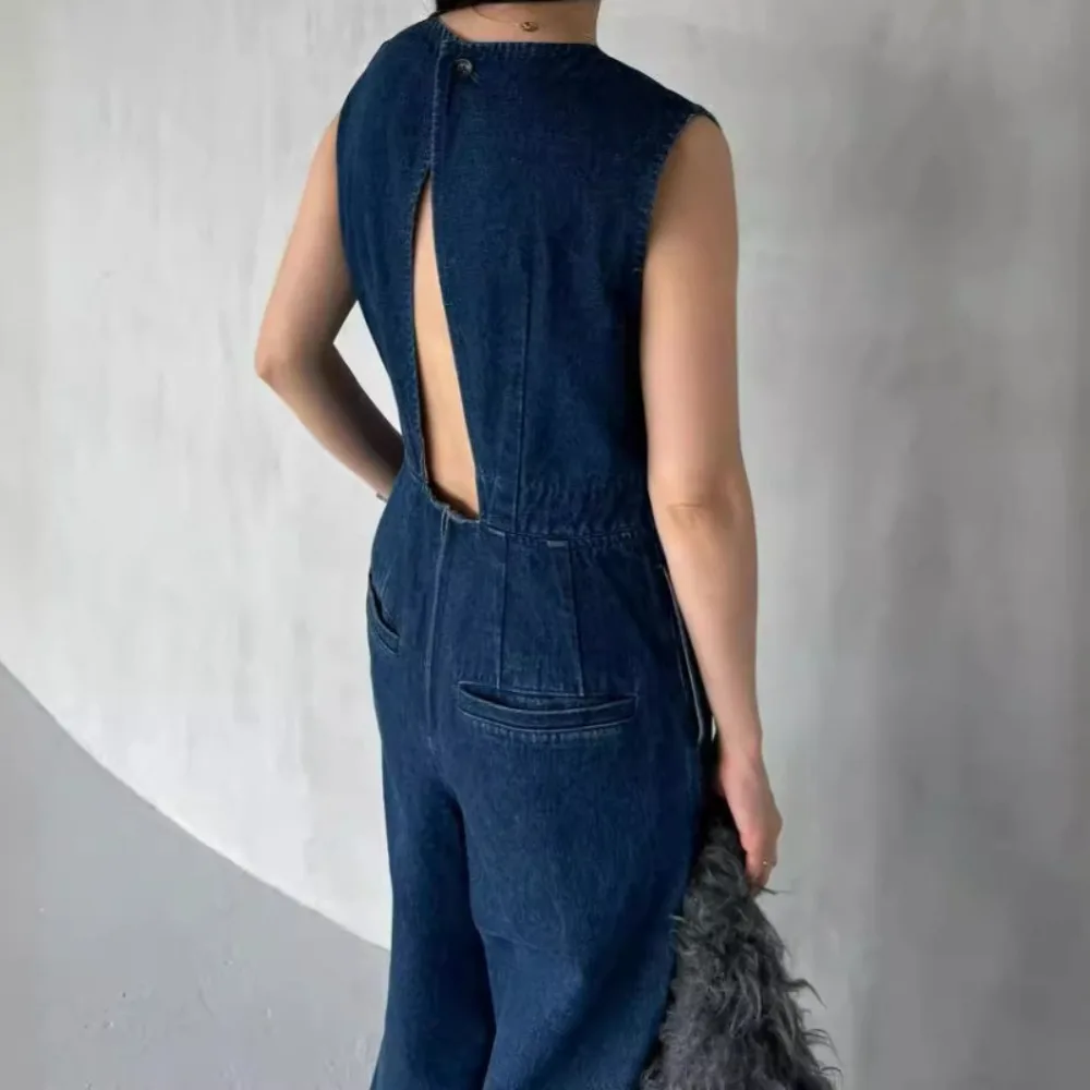 Kuzuwata New O Neck Sleeveless Patchwork Jumpsuits Loose High Waist Straight Wid Leg Pants Japan Off Shoulder Denim Fit Rompers