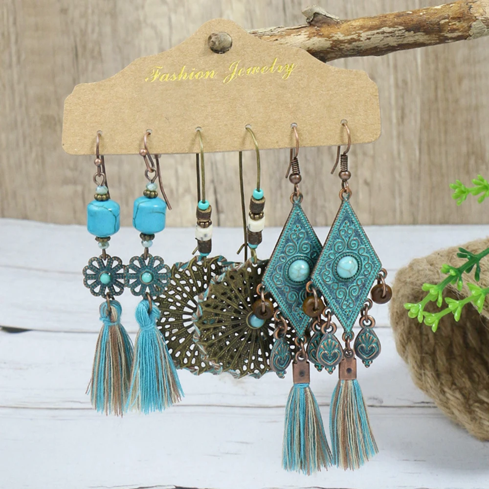 Vintage Ethnic Style Water Drop Flower Leaf Tassel Earrings Set for Women  Bronze Hollow Carved Geometric Dangle Earring Jewelry