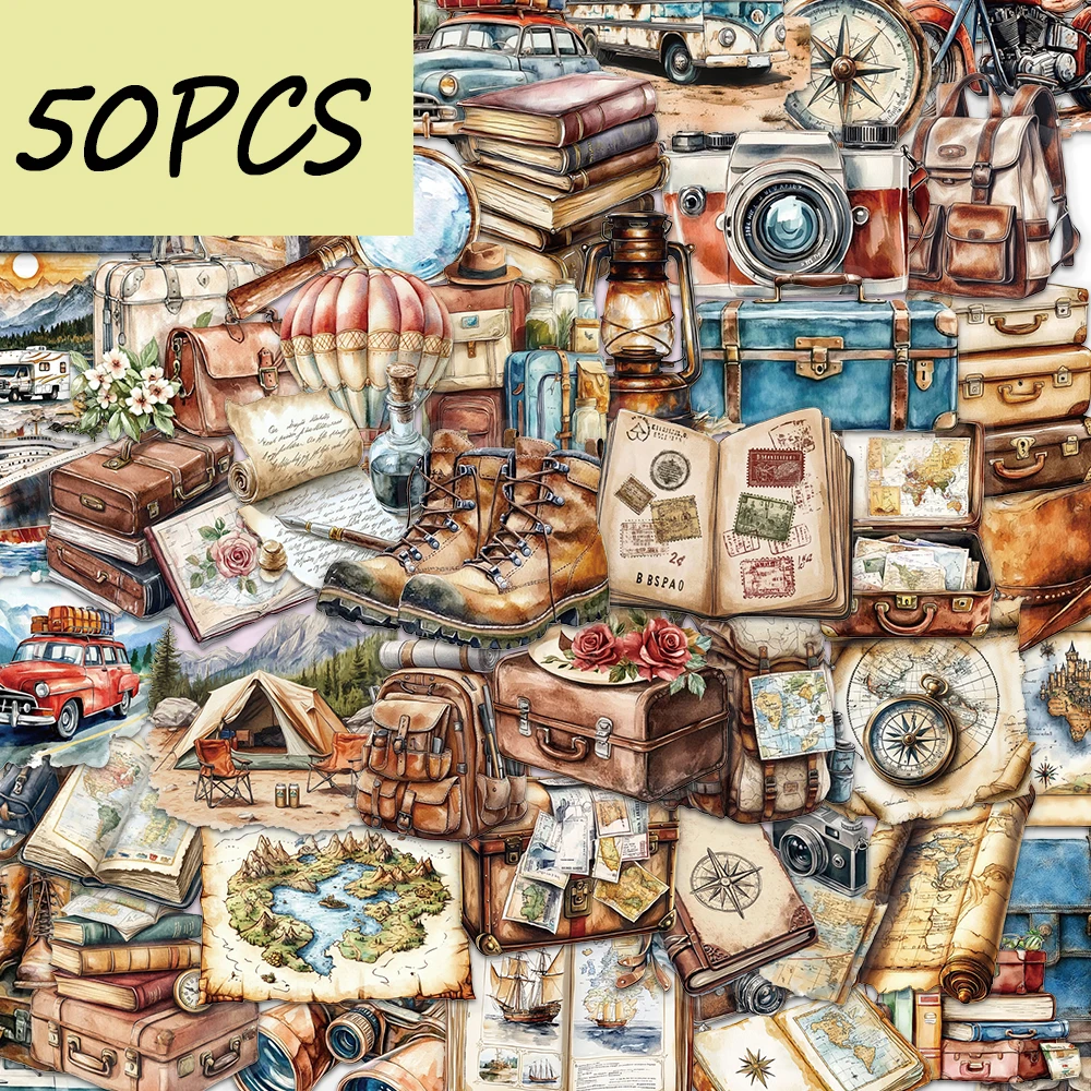 50pcs vintage travel stickers, suitable for decorating hand books, phone cases, diaries, helmets, waterproof PET stickers