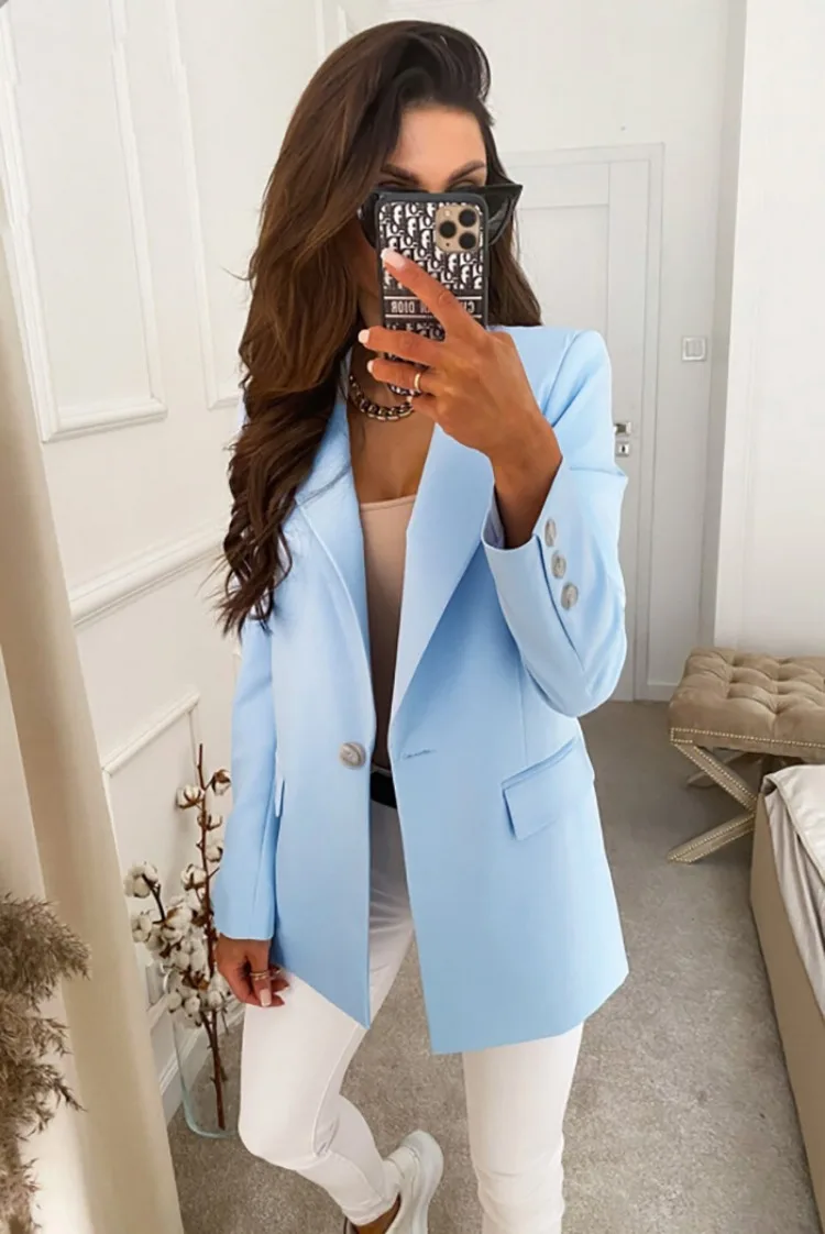 Metal Lace Up V-Neck Casual Office Blazer Women Solid Color Buttonless Slim Commute Blazer Suit 2024 Work Wear Formal Clothes OL