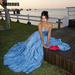 SUMNUS Blue Satin Strapless Evening Prom Gowns Side Leg Split Simple Sleeveless Party Dresses A-Line Dress Customized