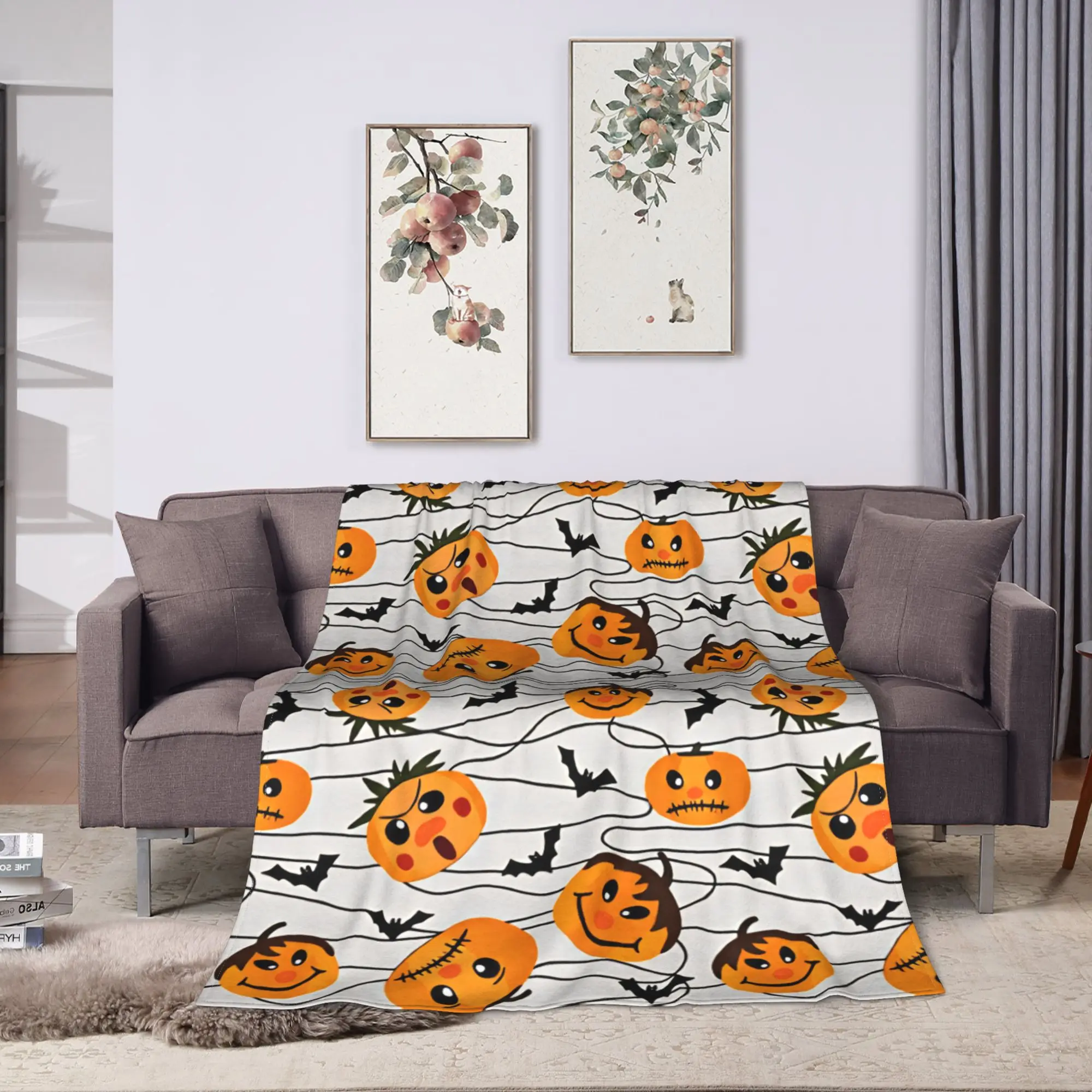 Cartoon Halloween Pumpkin Bat Seamless Pattern Blanket Warm Cozy  Throw Blanket Spring Adults Living Room Office Bedspread