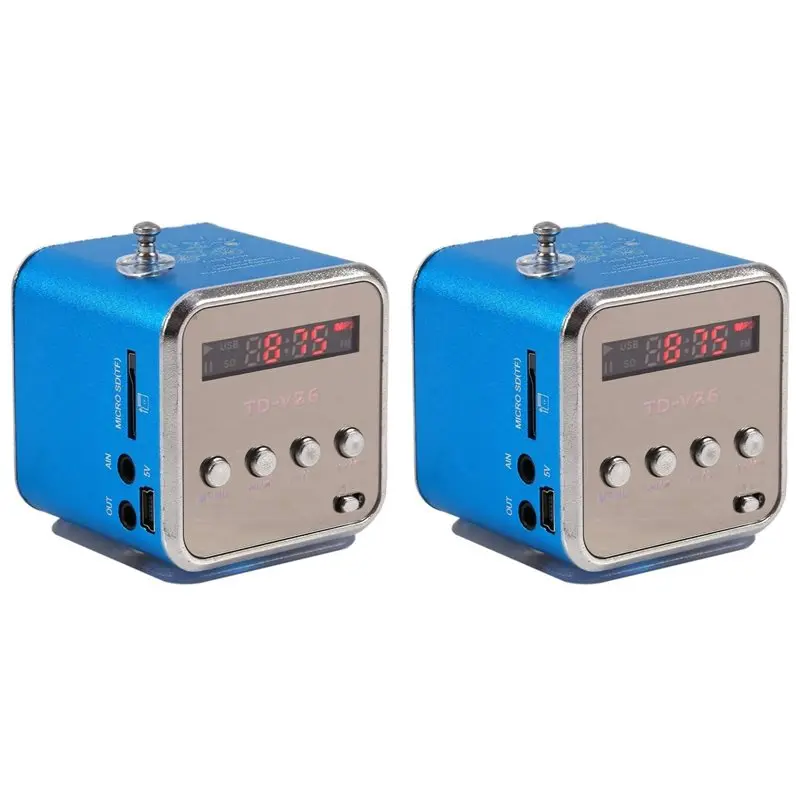 2X TD-V26 Digital Mini FM Radio Speaker Receiver With LCD Stereo Loudspeaker Support Micro-TF Card Mp3 Music Player Blue