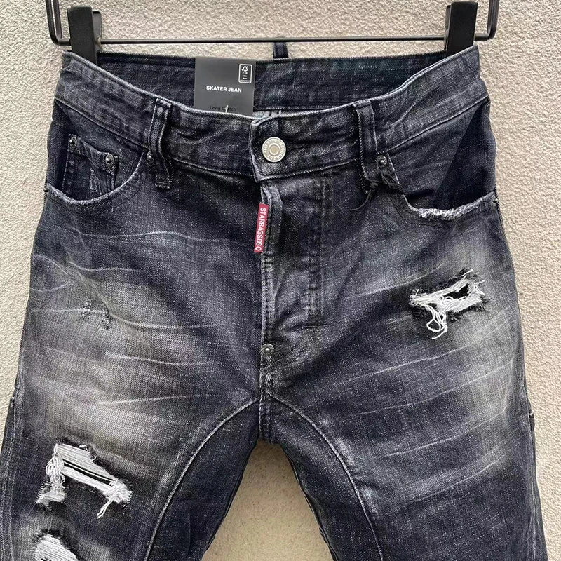 starbags dsq t160 Men's Jeans Ripped patch Trend Elastic slim small foot pants 100 match men's pants