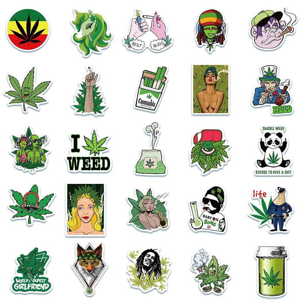 50/100pcs Funny Characters Hemp Leaves Weed Smoking Stickers Laptop Car Skateboard Guitar Fridge Waterproof Cool Sticker