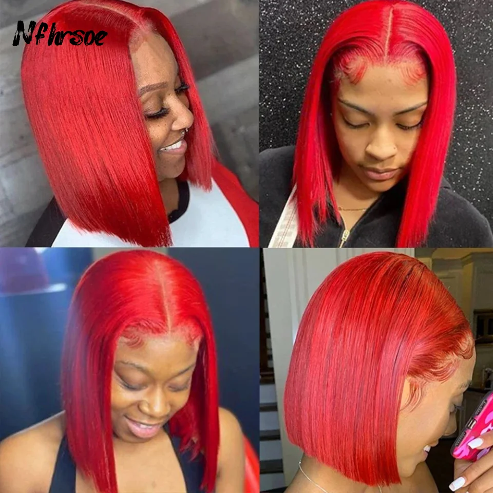 

Transparent 13x4 Lace Frontal Wigs Red Straight Short Bob Brazilian Colored Human Hair Wig High Quality For Women Pre Plucked