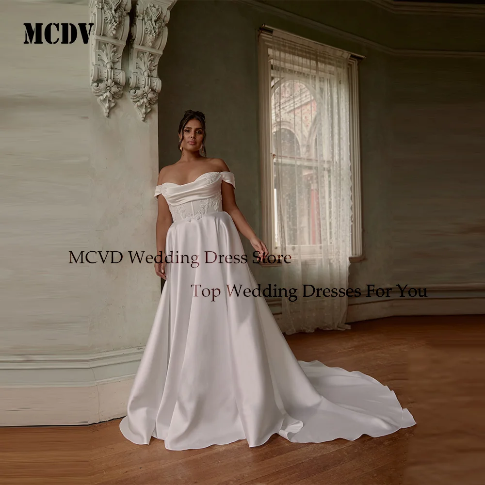

MCDV Strapless A-Line Wedding Dresses Plus Size Off Shoulder Sleeveless Sweep Train Bridal Gowns Vestidos De Noiva Customized