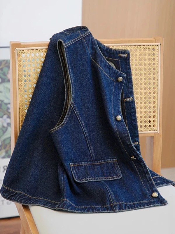 Chaleco vaquero azul japonés Retro para mujer, ropa de abrigo con capas para otoño e invierno, Top Svel, chaleco con almohadilla para el hombro de tamaño pequeño