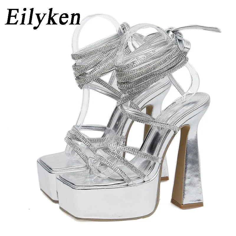 Eilyken cristal plataforma grossa festa de casamento sandálias femininas sexy passarela estilos dedo do pé quadrado tornozelo rendas sapatos de salto alto feminino