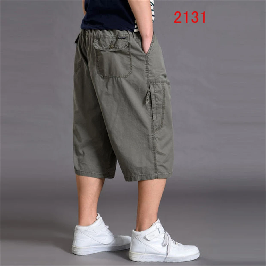 Summer Calf-length Pants Men Solid Color Baggy Pants Fashion Casual Elastic Waist Short Pants Male