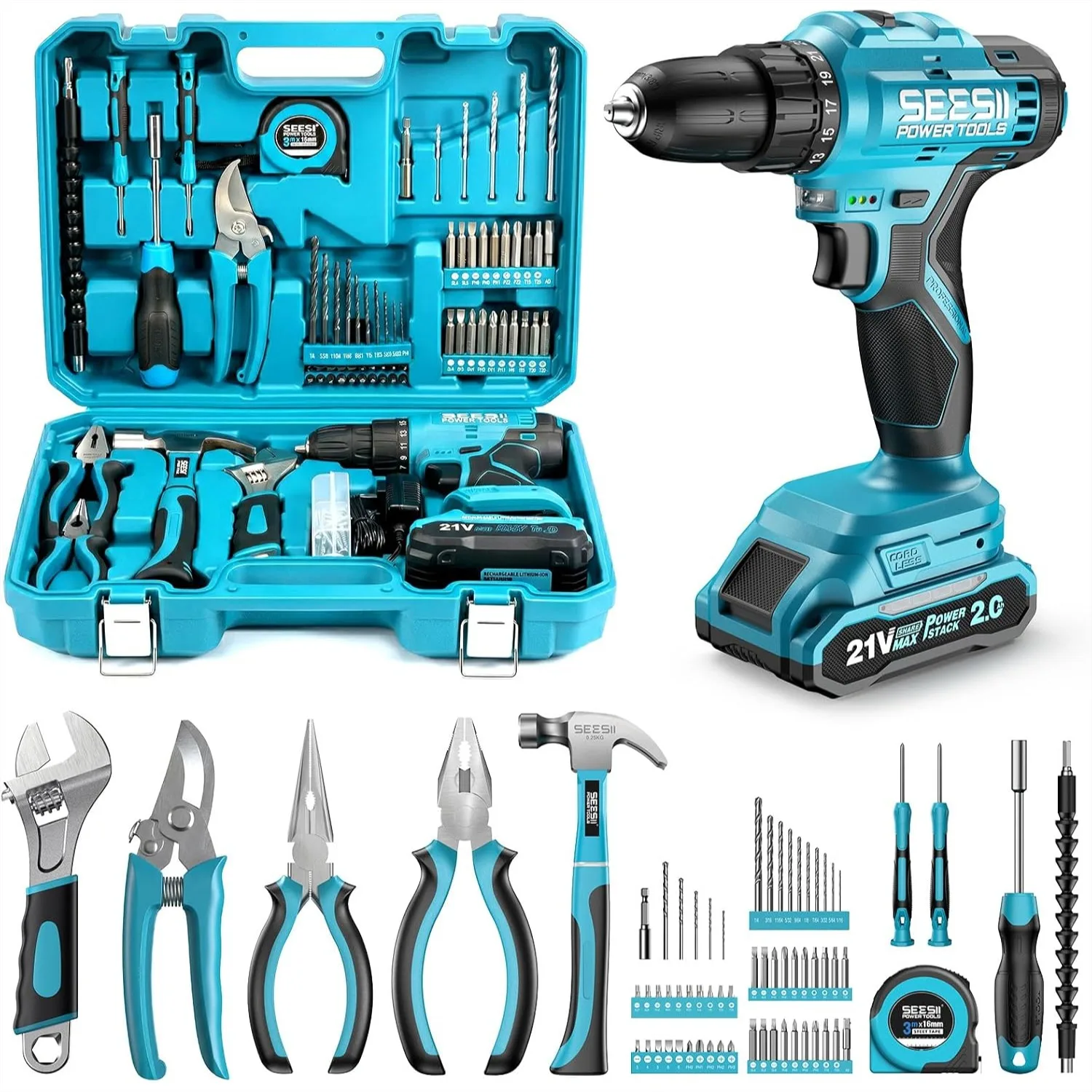 21V Cordless Drill Tool Kit 190Pcs Power Tool Combo Set with Toolbox, Electric Drill Driver for Home Repair DIY