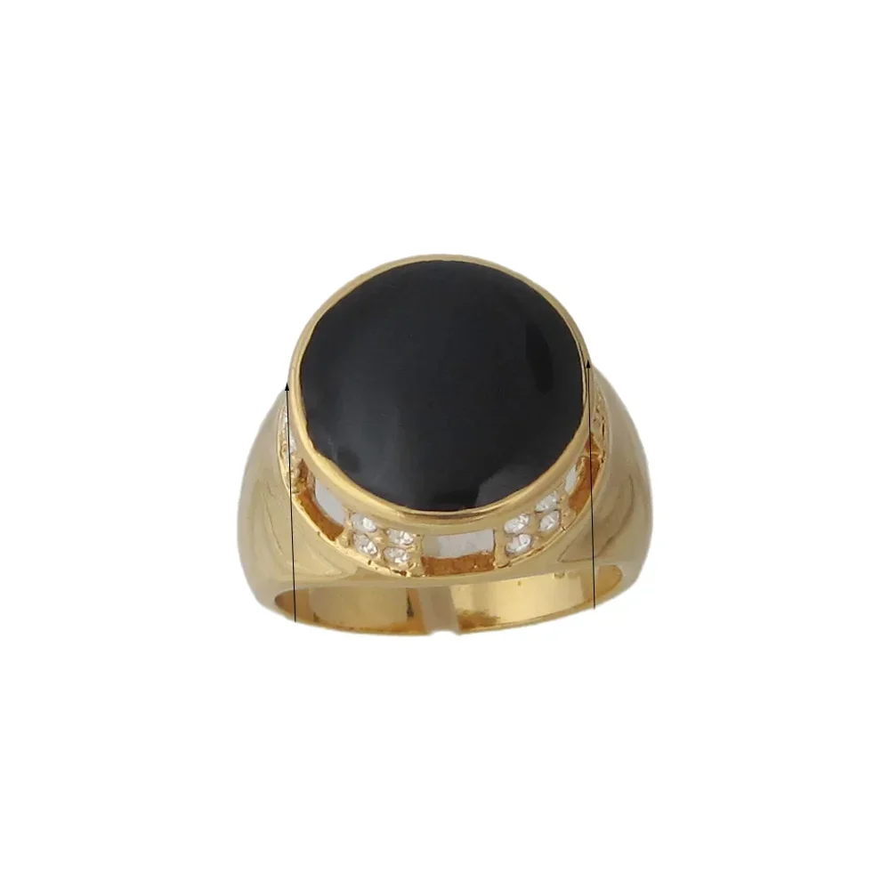 YELLOW GOLD PLATED FILLED WITH BRASS ROUND FACE BLACK ENAMEL SHINNING CZ STONE DECORATED  SIZE 7 8 10 11