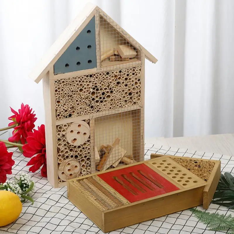 

Wooden Bee House Hanging Insect Nest Box Handmade Habitat Bugs Butterfly Hotel Shelter For Outdoor Garden Yard Decoration