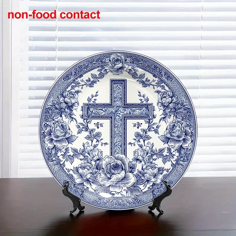 1pc Vintage Blue and White Ceramic Hanging Plate - Ornate Round Porcelain Wall Decor with Cross Floral Roses, Non-Food Contact