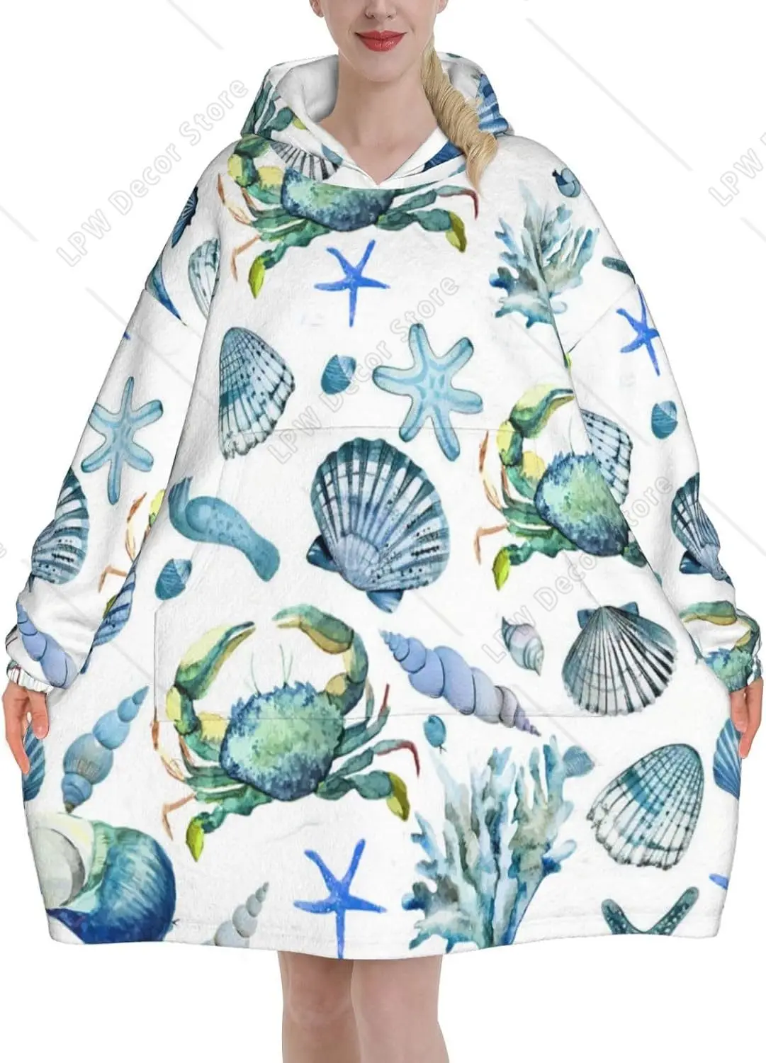 Ocean Animal Wearable  Hoodie For Adults Beach Shells Oversized Sweatshirt Blanket Cozy Warm Sherpa Hooded Blanket With Pocket