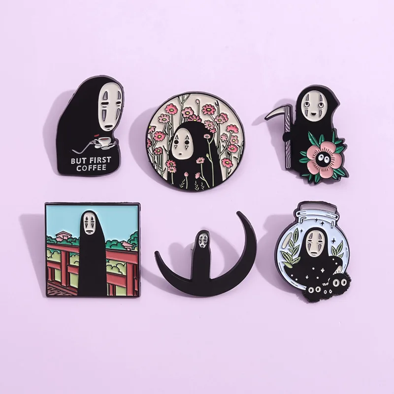 Cartoon Ghost Face Man Enamel Pins Drifting Bottle Black Mask Metal Brooch Backpack Lapel Badge Animal Jewelry Gifts