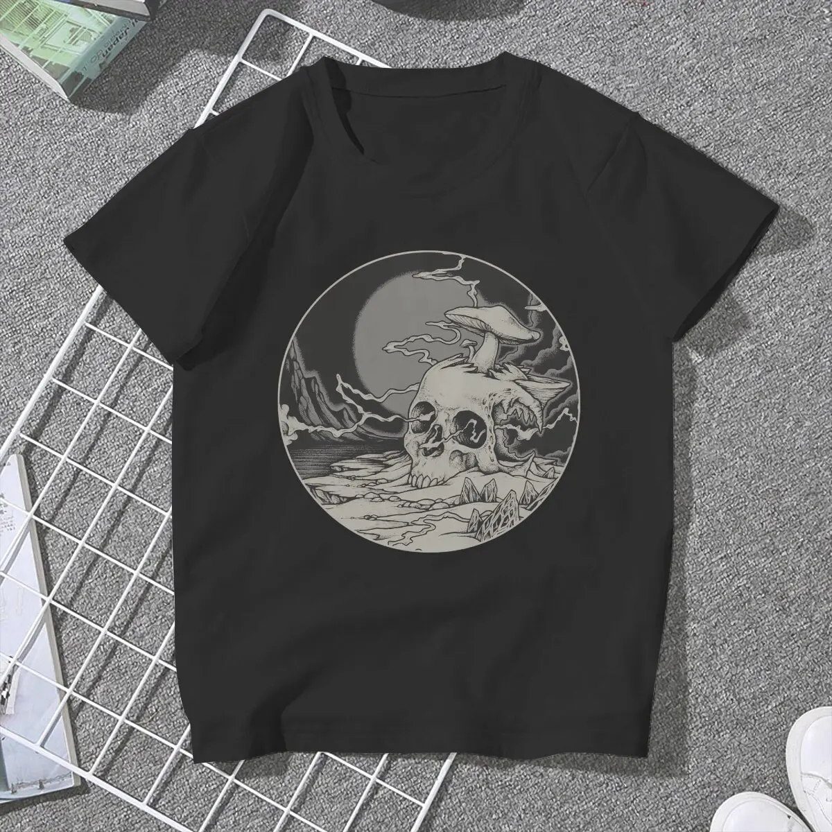 Lost Voyager Circle Women T Shirts Mexican Skull Santa Muerte Awesome Tees Short Sleeve Crewneck T-Shirts Unique Clothing