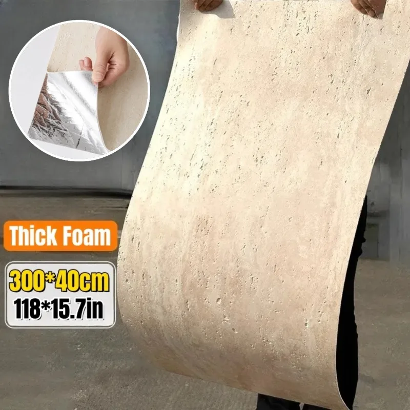 300x40cm Roll Imitation Travertine Wallpaper Self-adhesive Foam Realistic Slate Texture Wall Sticker Interior Decoration Bedroom