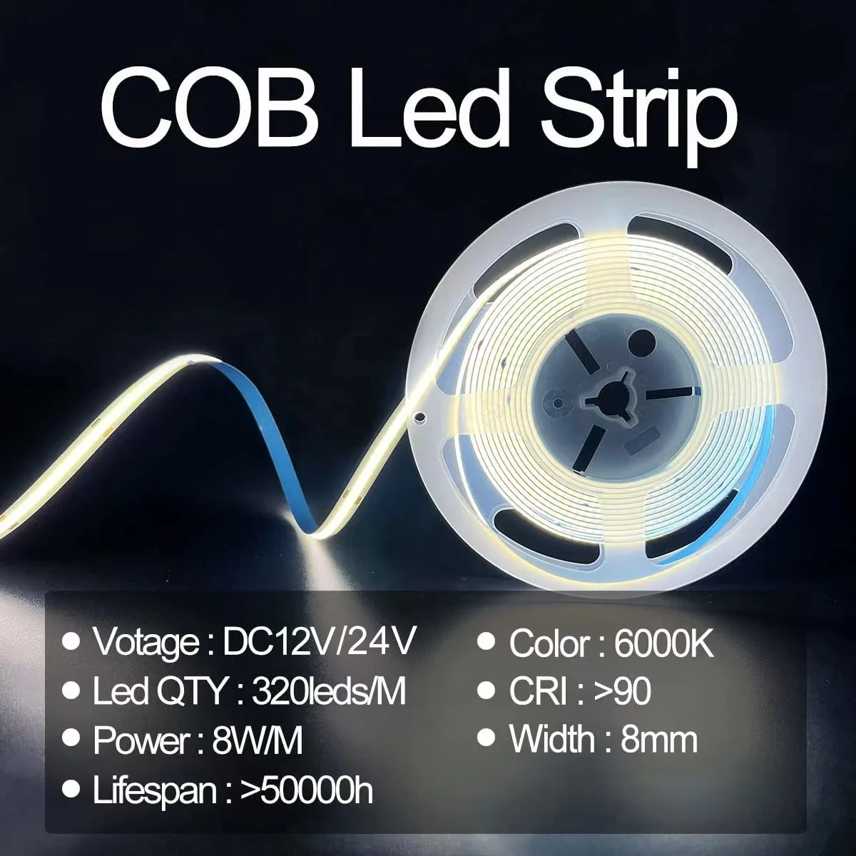 High Brightness Ra90 Can Be Cut 12V 24V Cob Led Strip No Flicker Self-adhesive Led Strip Light